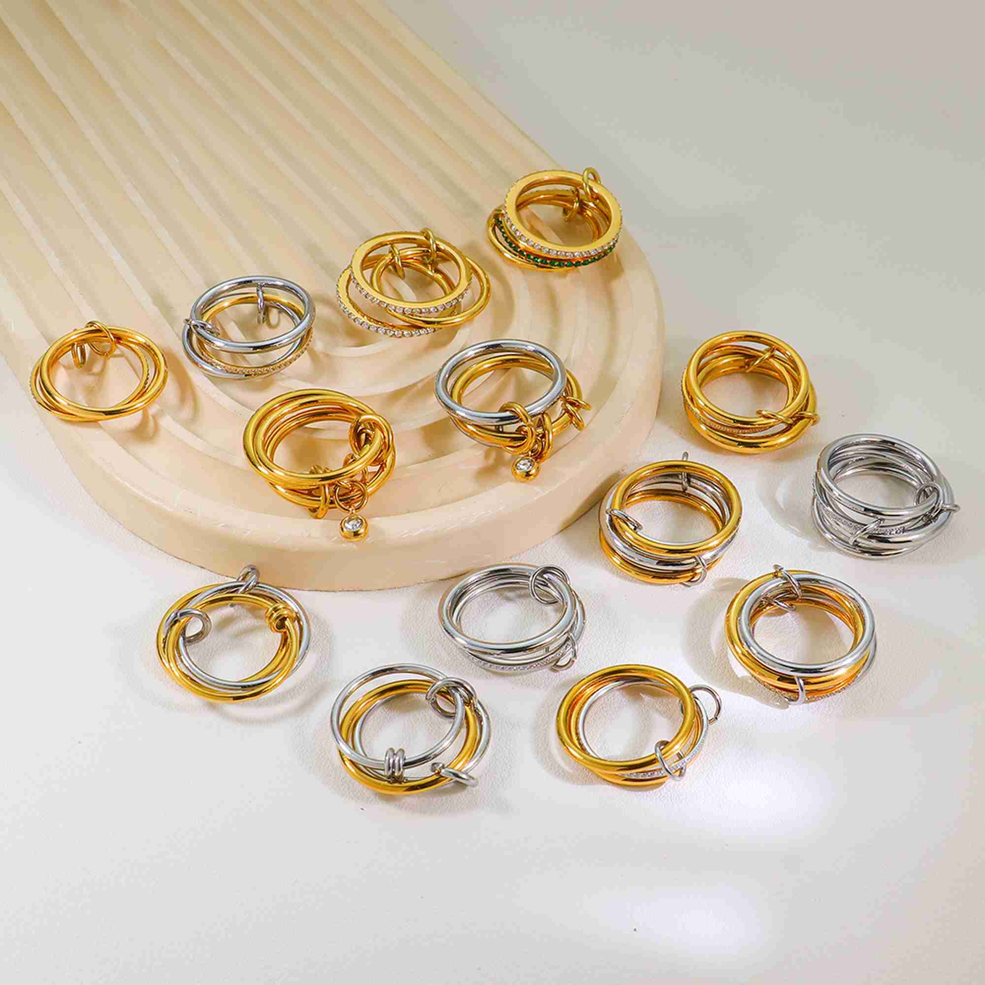 Gold Silver Tone Stainless Steel Multi Band Ring Set Interlocking Stacked Rings Clear Gemstone Jewelry for Women - Image 3