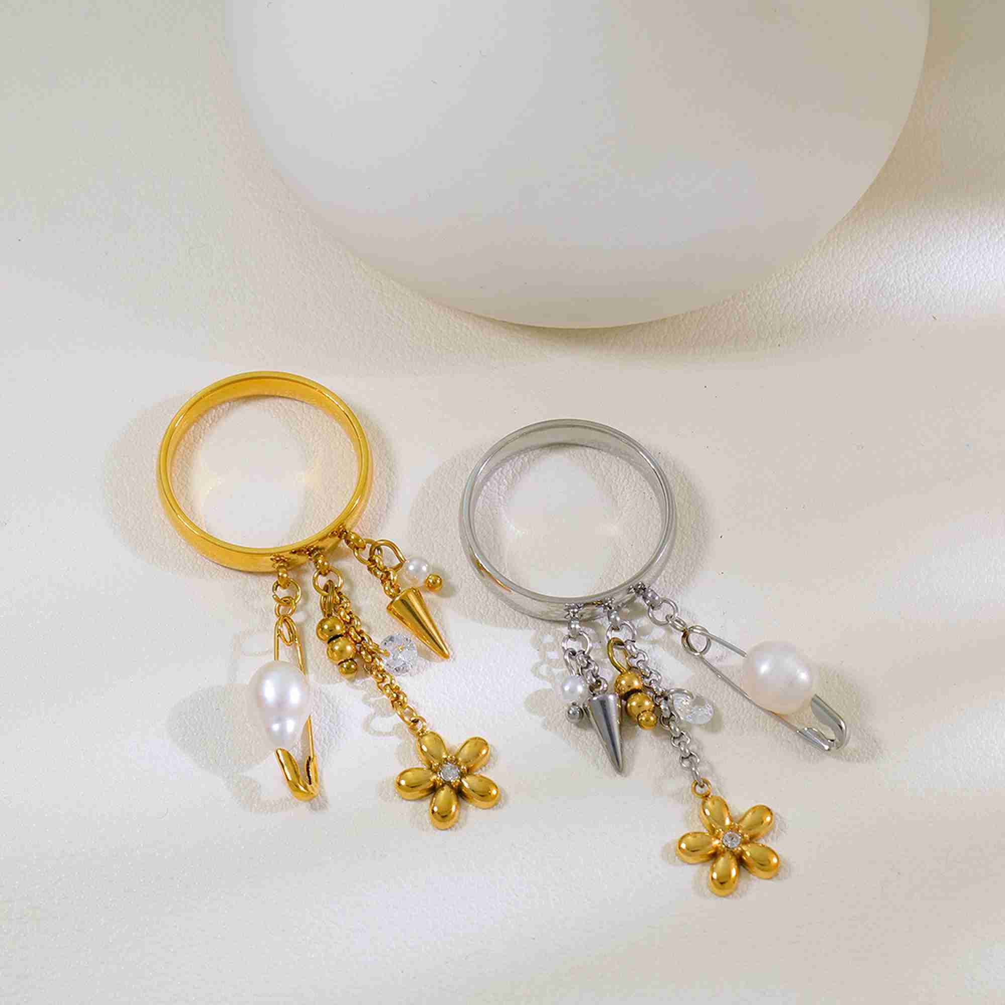 Chunky Dangle Charm Ring Gold Silver Tone Stainless Steel Pearl Flower Crystal Spike Jewelry for Women - Image 2