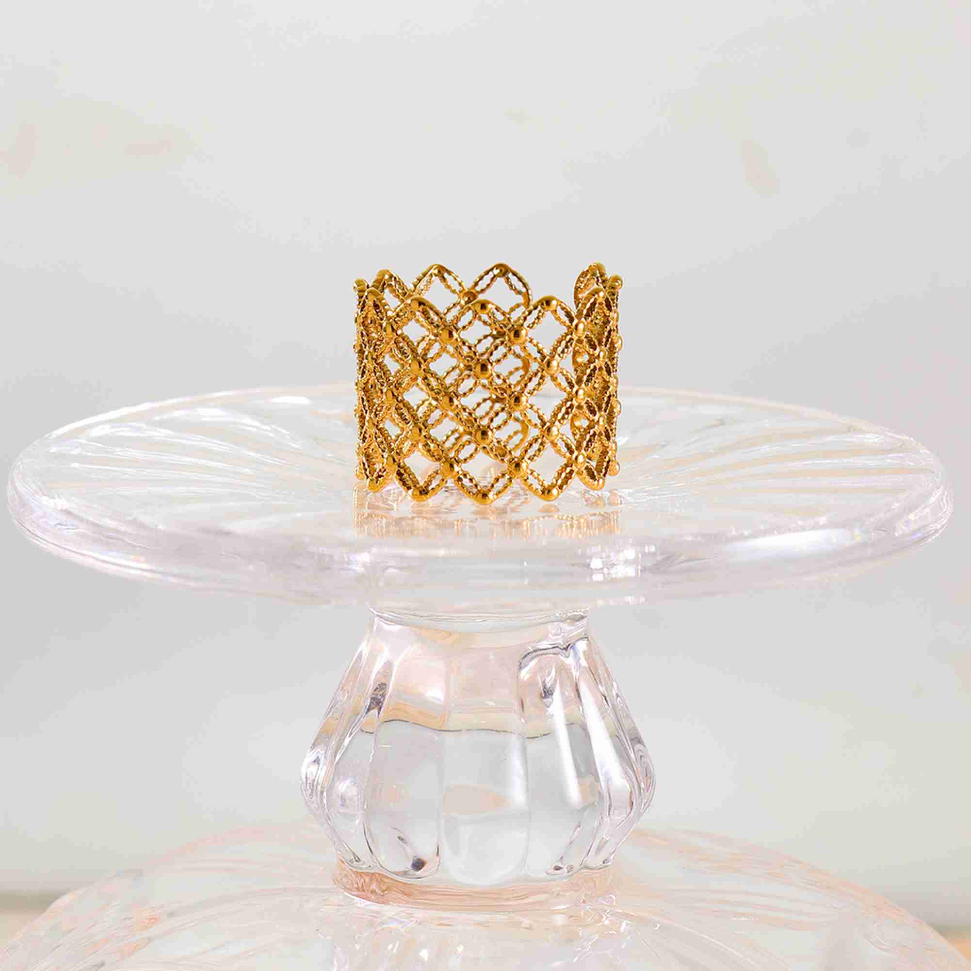 Openwork Lattice Gold Ring 18K Gold Plated Stainless Steel Diamond Mesh Design Beaded Band Ring for Women - Image 3