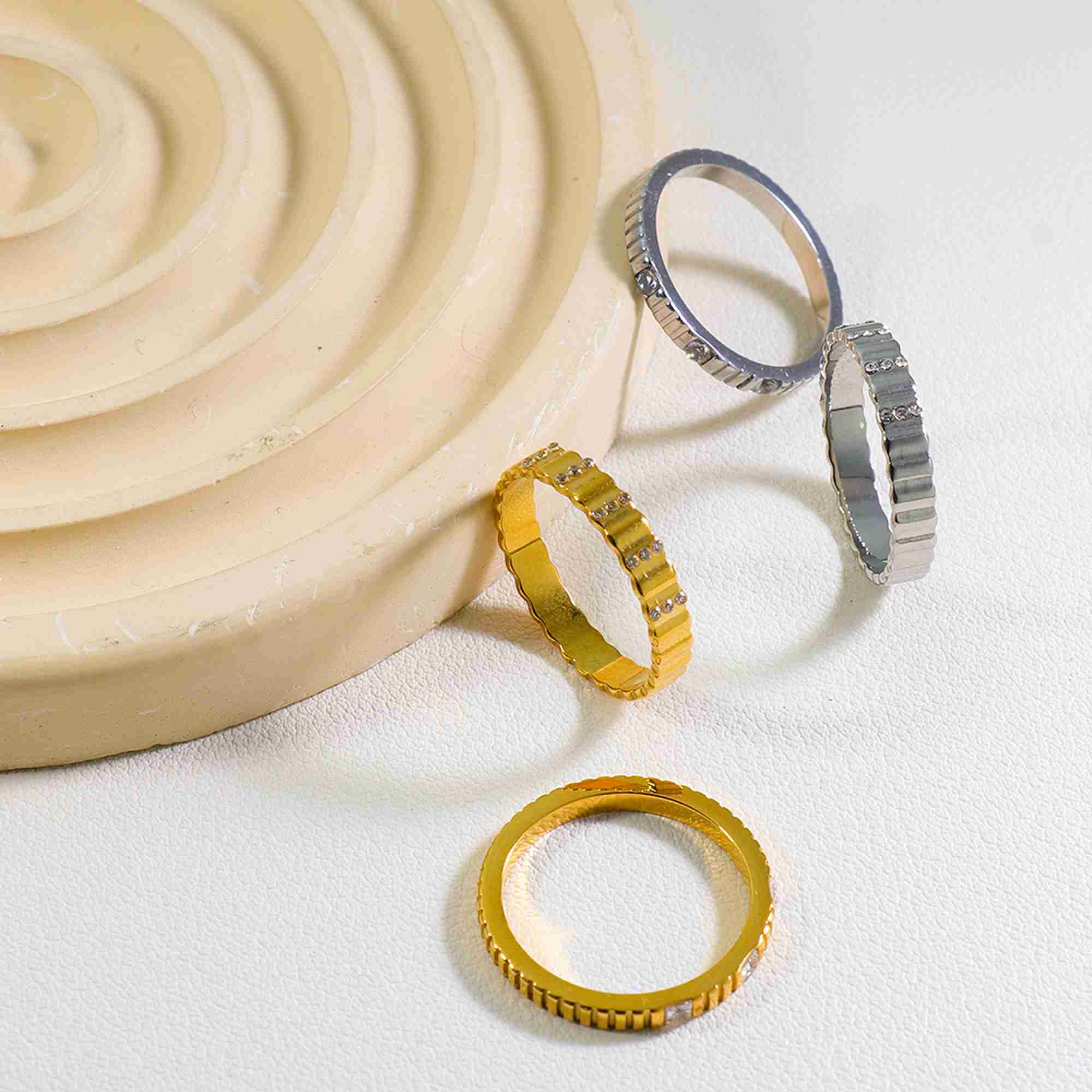 Stacking Ring Set 18K Gold Plated Stainless Steel Ribbed Texture Clear Gemstone Bands Chunky Rings for Women - Image 2