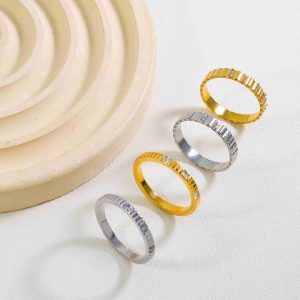 Stacking Ring Set 18K Gold Plated Stainless Steel Ribbed Texture Clear Gemstone Bands Chunky Rings for Women