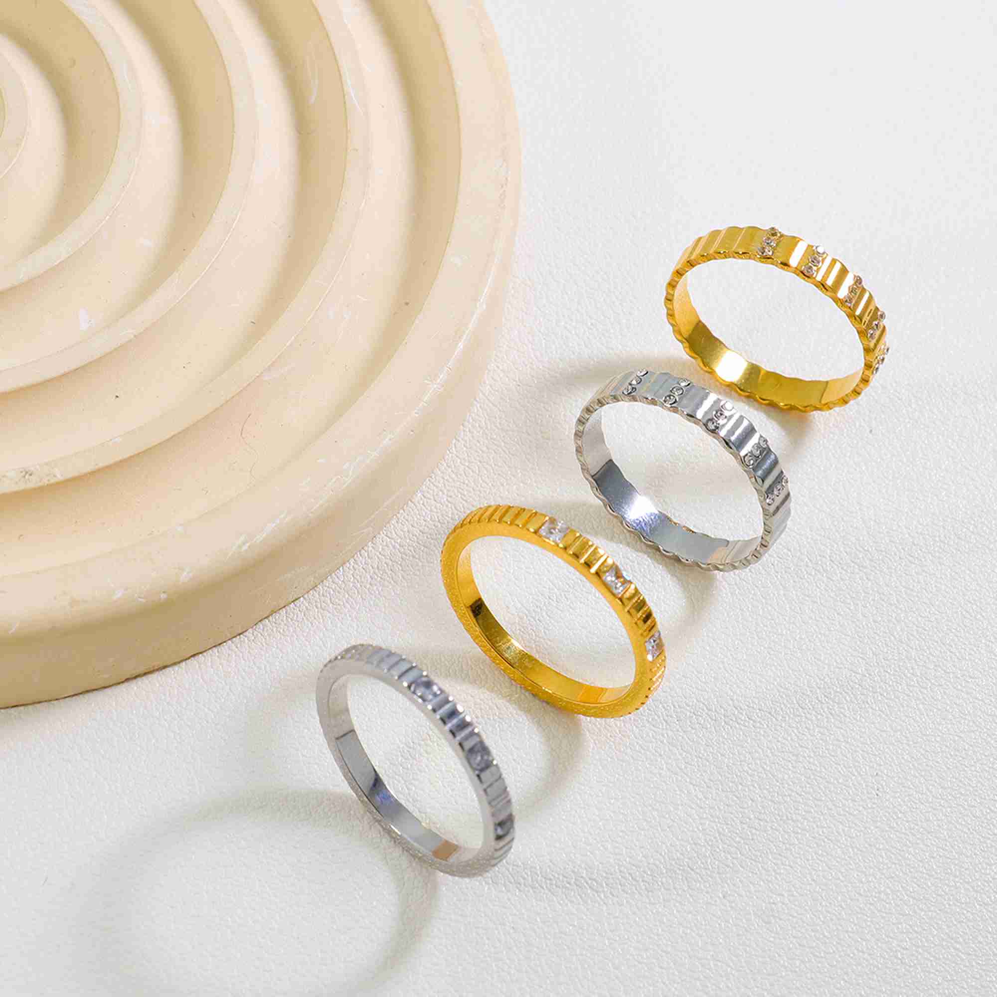 Stacking Ring Set 18K Gold Plated Stainless Steel Ribbed Texture Clear Gemstone Bands Chunky Rings for Women