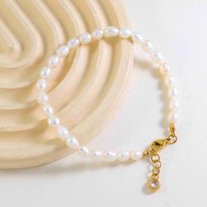 Stainless Steel Gold Freshwater Pearl Beaded Bracelet Natural Pearl Jewelry With CZ Extender Waterproof Wholesale