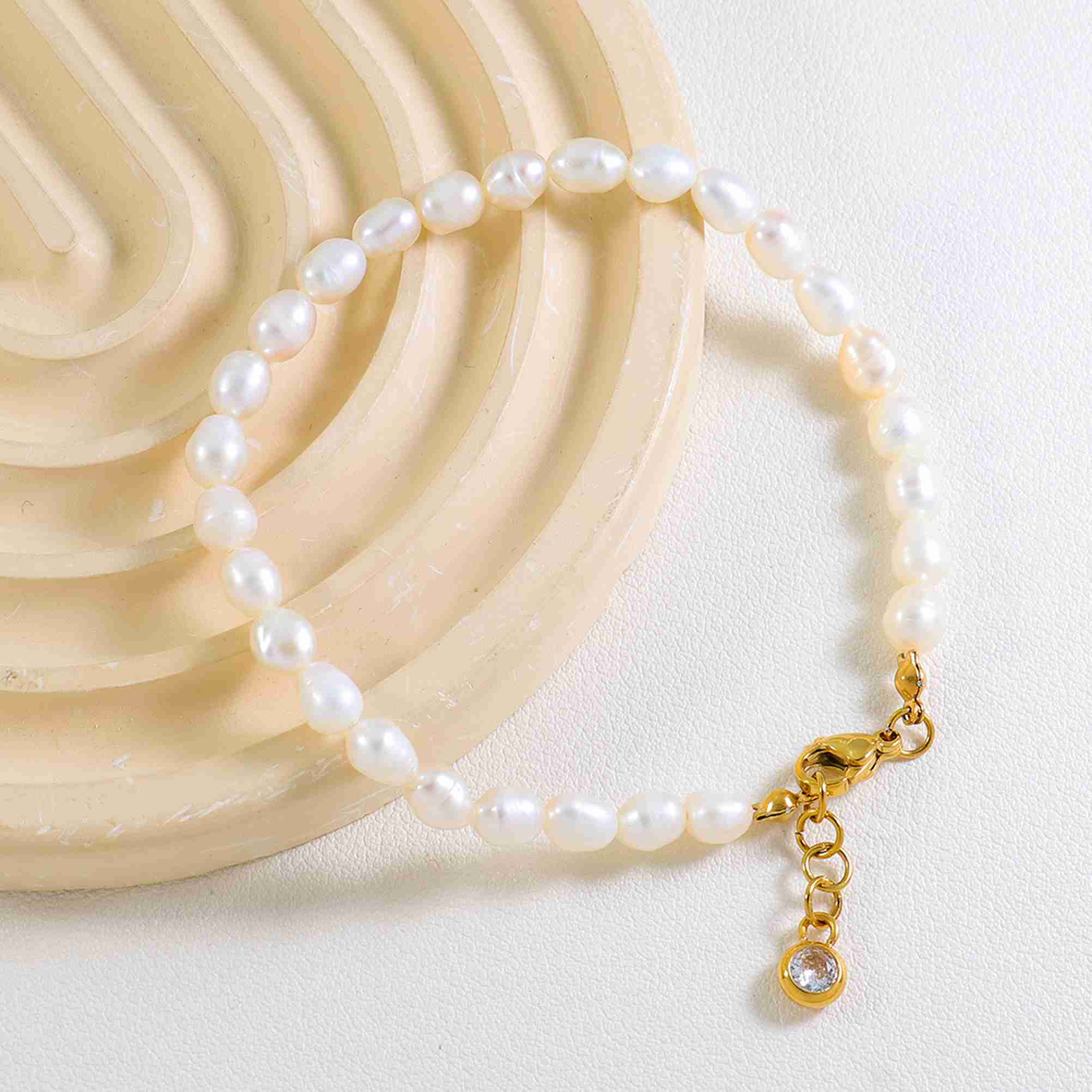 Stainless Steel Gold Freshwater Pearl Beaded Bracelet Natural Pearl Jewelry With CZ Extender Waterproof Wholesale