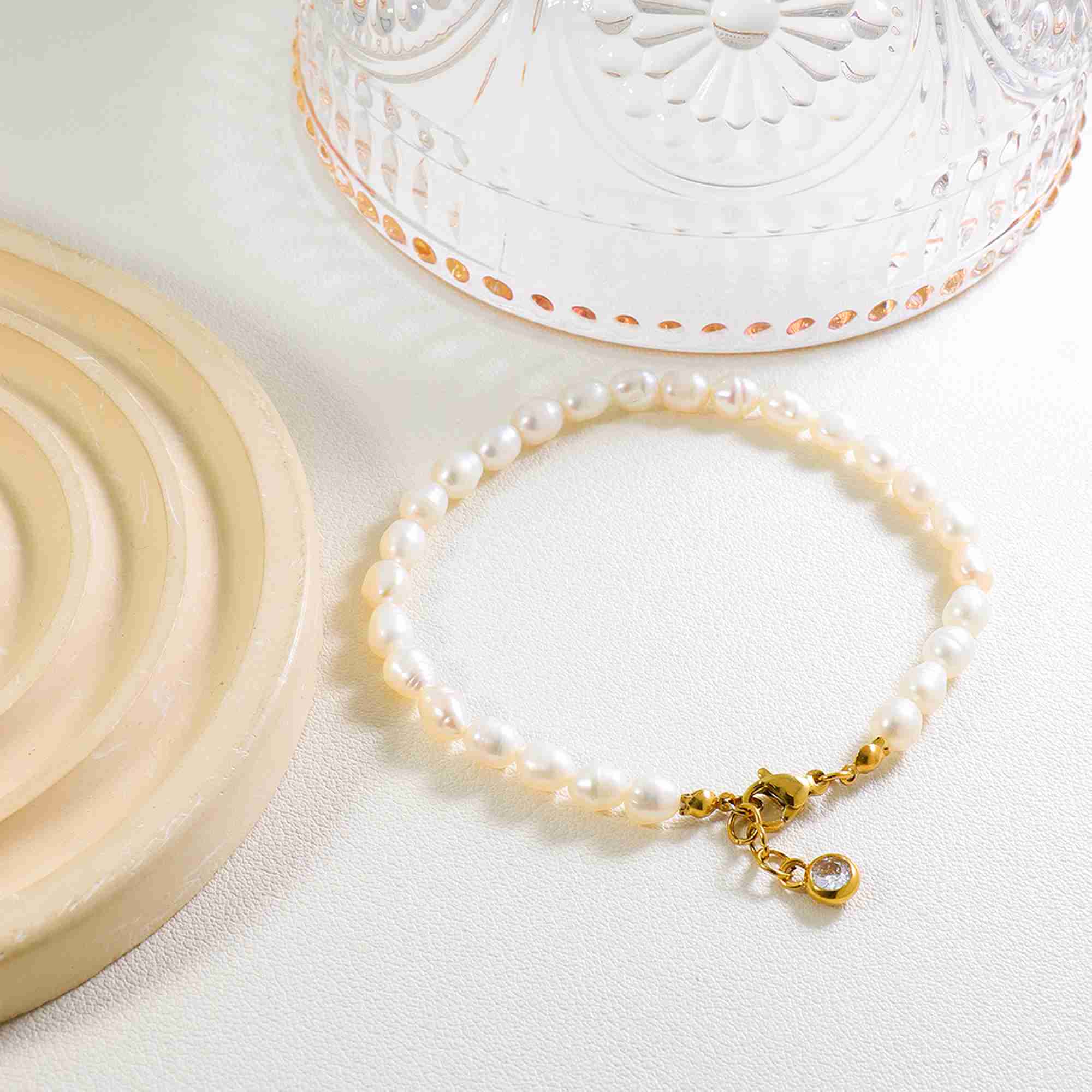 Stainless Steel Gold Freshwater Pearl Beaded Bracelet Natural Pearl Jewelry With CZ Extender Waterproof Wholesale - Image 4