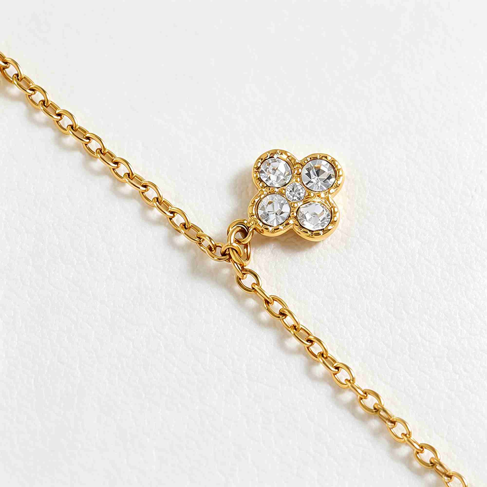 Quatrefoil Flower Pendant Necklace 18K Gold Plated Stainless Steel Four Petal Clear Stones Dangle Charm Chain Jewelry - Image 3