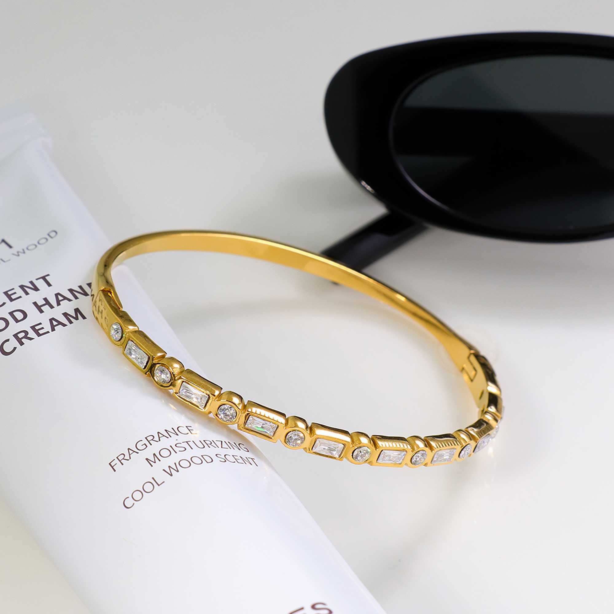 Dainty Gold Stainless Steel Half CZ Bangle Baguette and Round Crystal Hinged Cuff Bracelet Waterproof Fashion Jewelry - Image 2