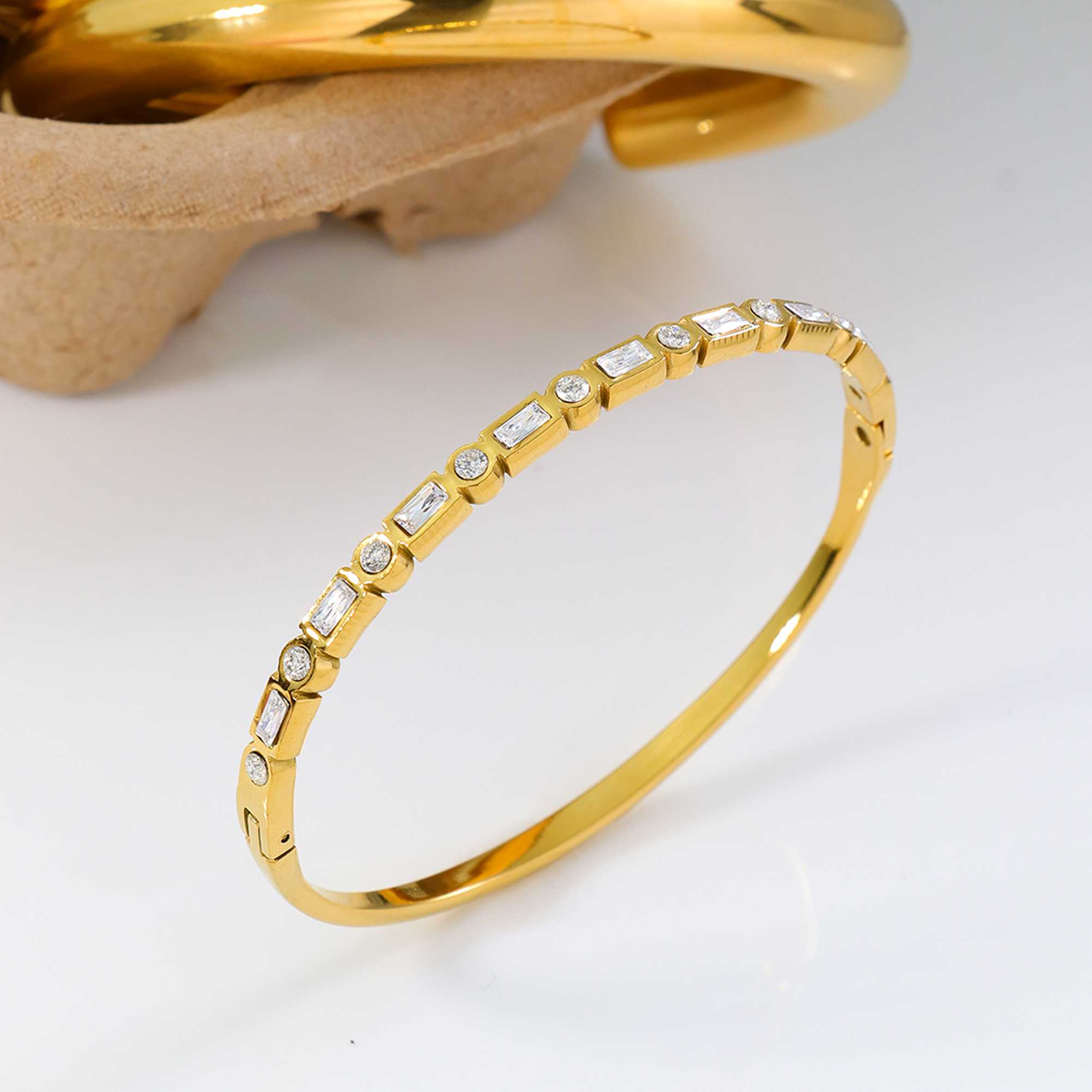 Dainty Gold Stainless Steel Half CZ Bangle Baguette and Round Crystal Hinged Cuff Bracelet Waterproof Fashion Jewelry