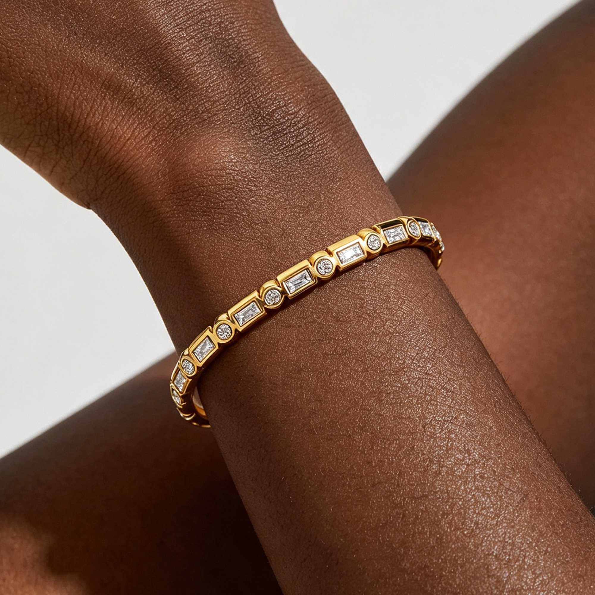 Dainty Gold Stainless Steel Half CZ Bangle Baguette and Round Crystal Hinged Cuff Bracelet Waterproof Fashion Jewelry - Image 4