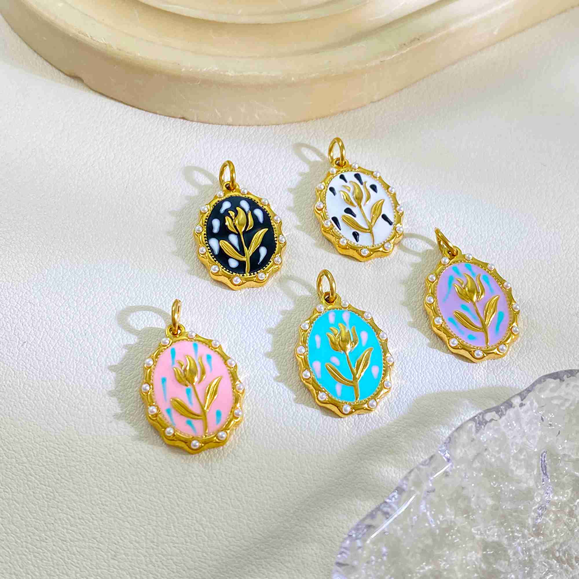 Enamel Tulip Pendants Pearl Beaded Edge Oval Charms for DIY Jewelry Hypoallergenic Gold Plated Stainless Steel Charms Wholesale - Image 2