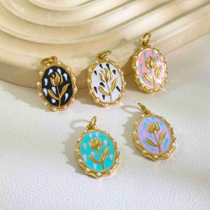 Enamel Tulip Pendants Pearl Beaded Edge Oval Charms for DIY Jewelry Hypoallergenic Gold Plated Stainless Steel Charms Wholesale