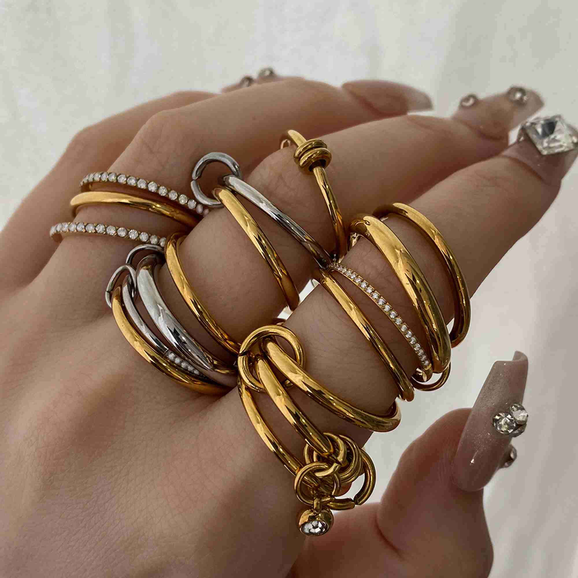 Gold Silver Tone Stainless Steel Multi Band Ring Set Interlocking Stacked Rings Clear Gemstone Jewelry for Women - Image 5