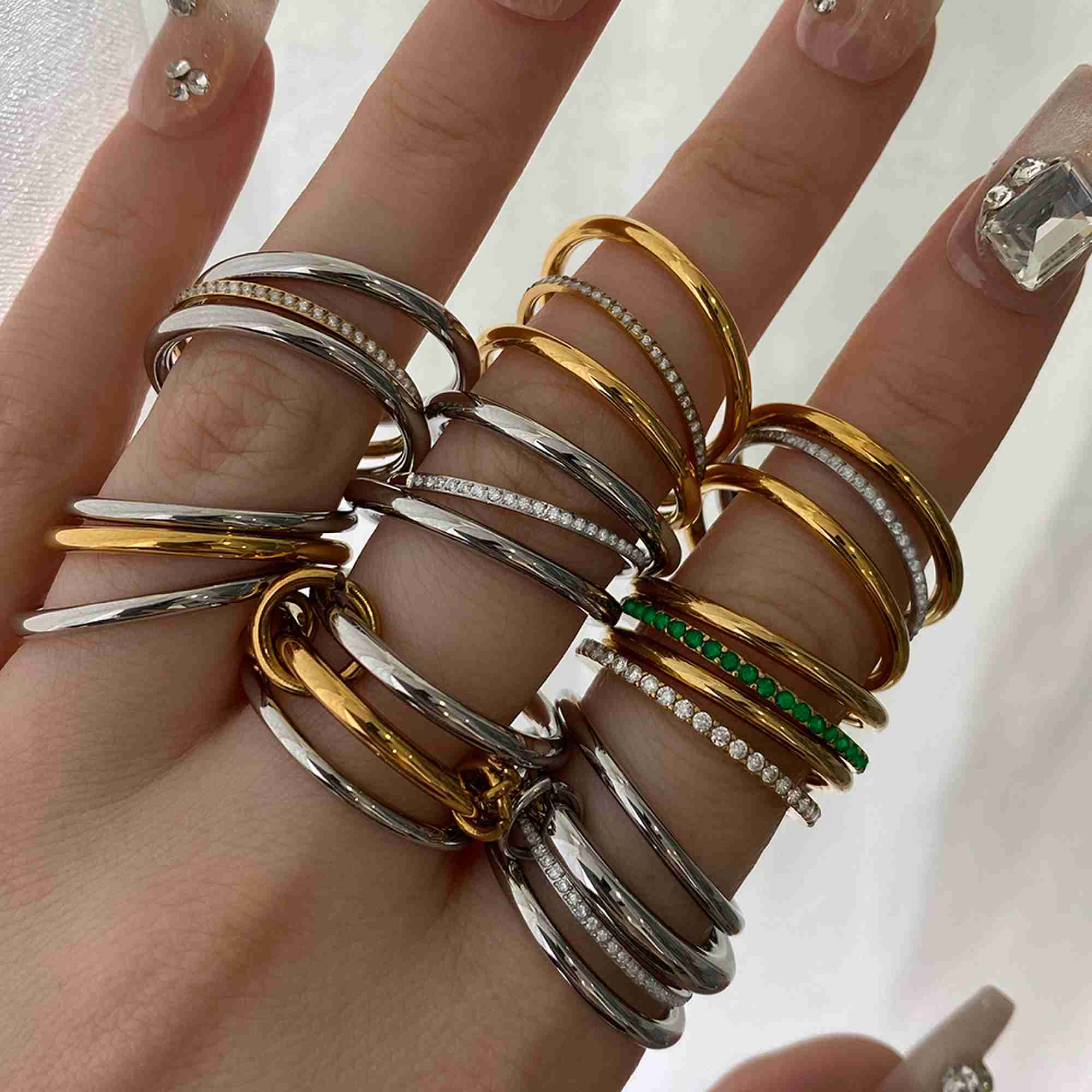 Gold Silver Tone Stainless Steel Multi Band Ring Set Interlocking Stacked Rings Clear Gemstone Jewelry for Women - Image 4