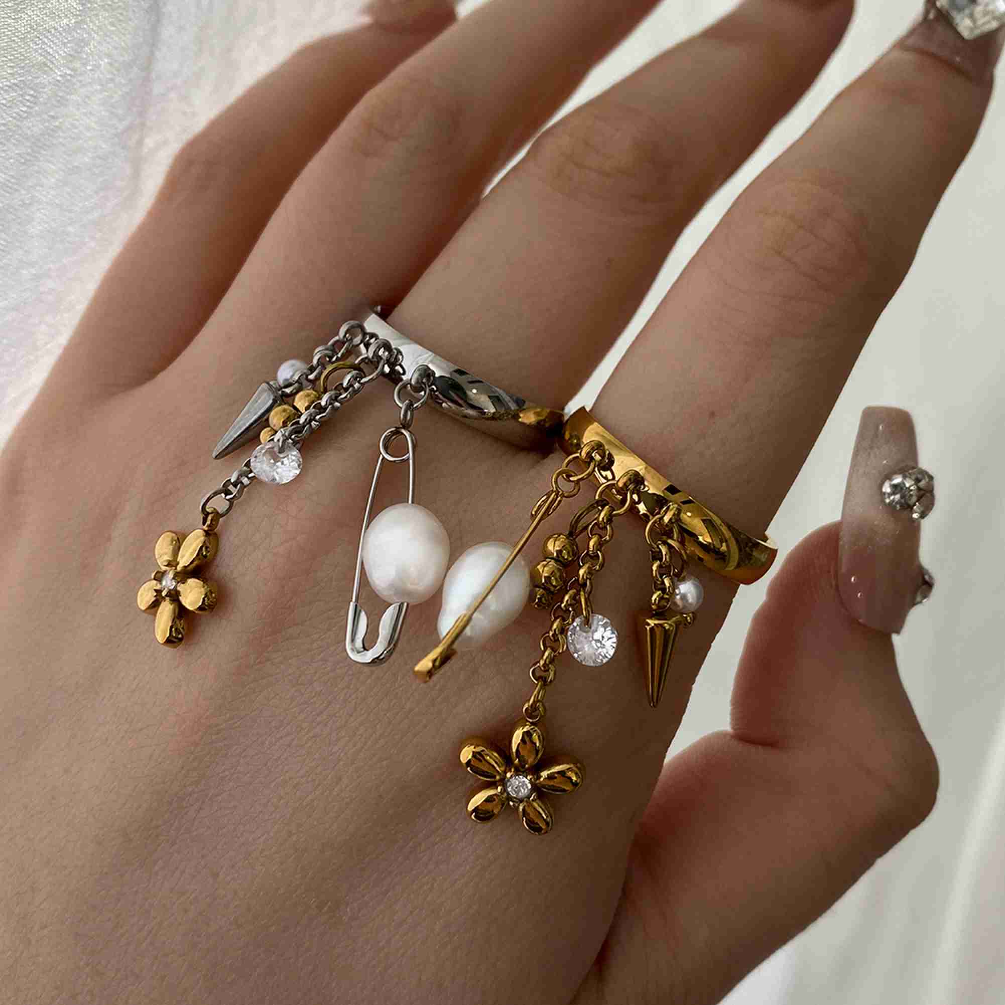Chunky Dangle Charm Ring Gold Silver Tone Stainless Steel Pearl Flower Crystal Spike Jewelry for Women - Image 4