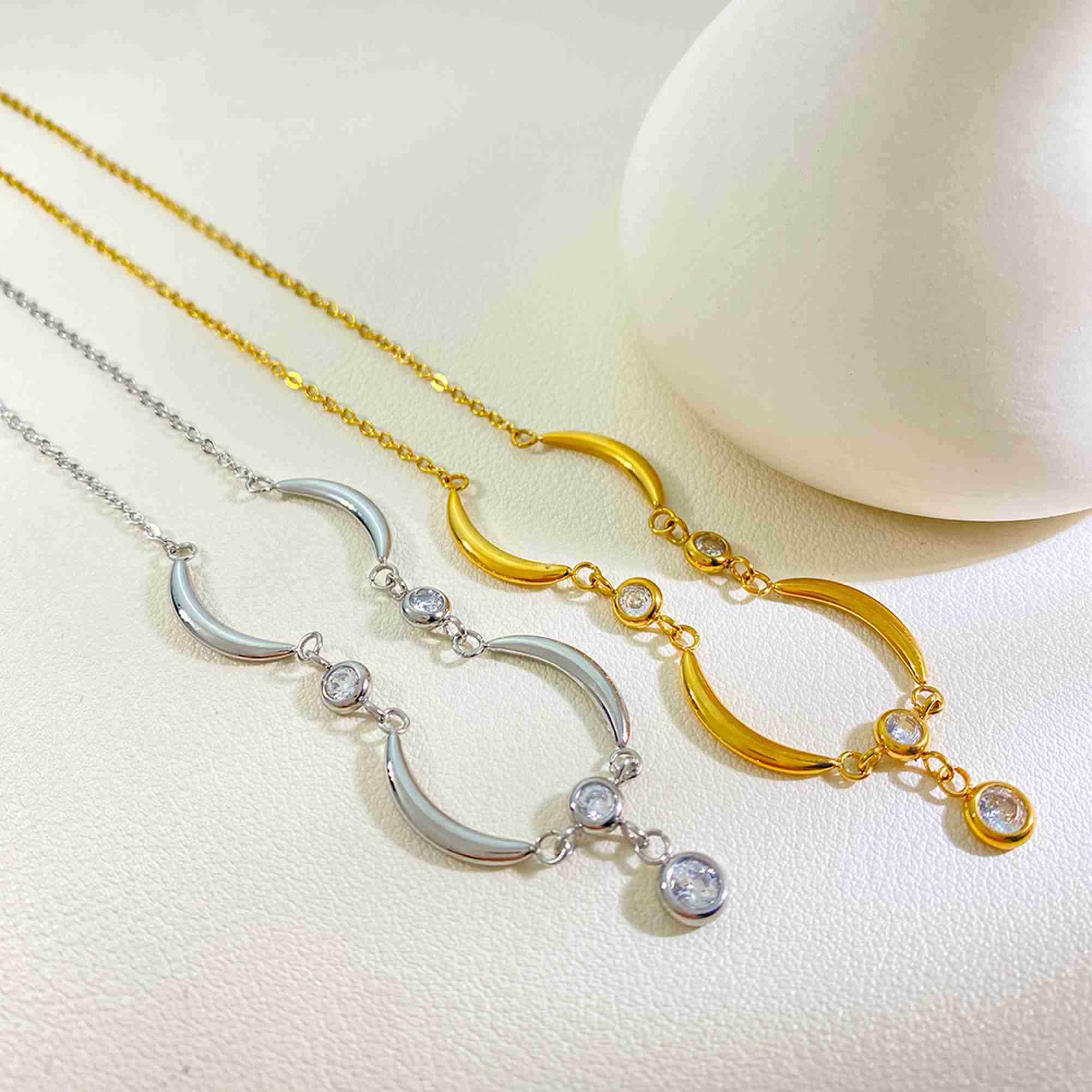 Crescent Moon Shape Pendant Necklace 18K Gold Plated Stainless Steel Clear Bezel Set Stones Drop Chain Jewelry for Women - Image 2