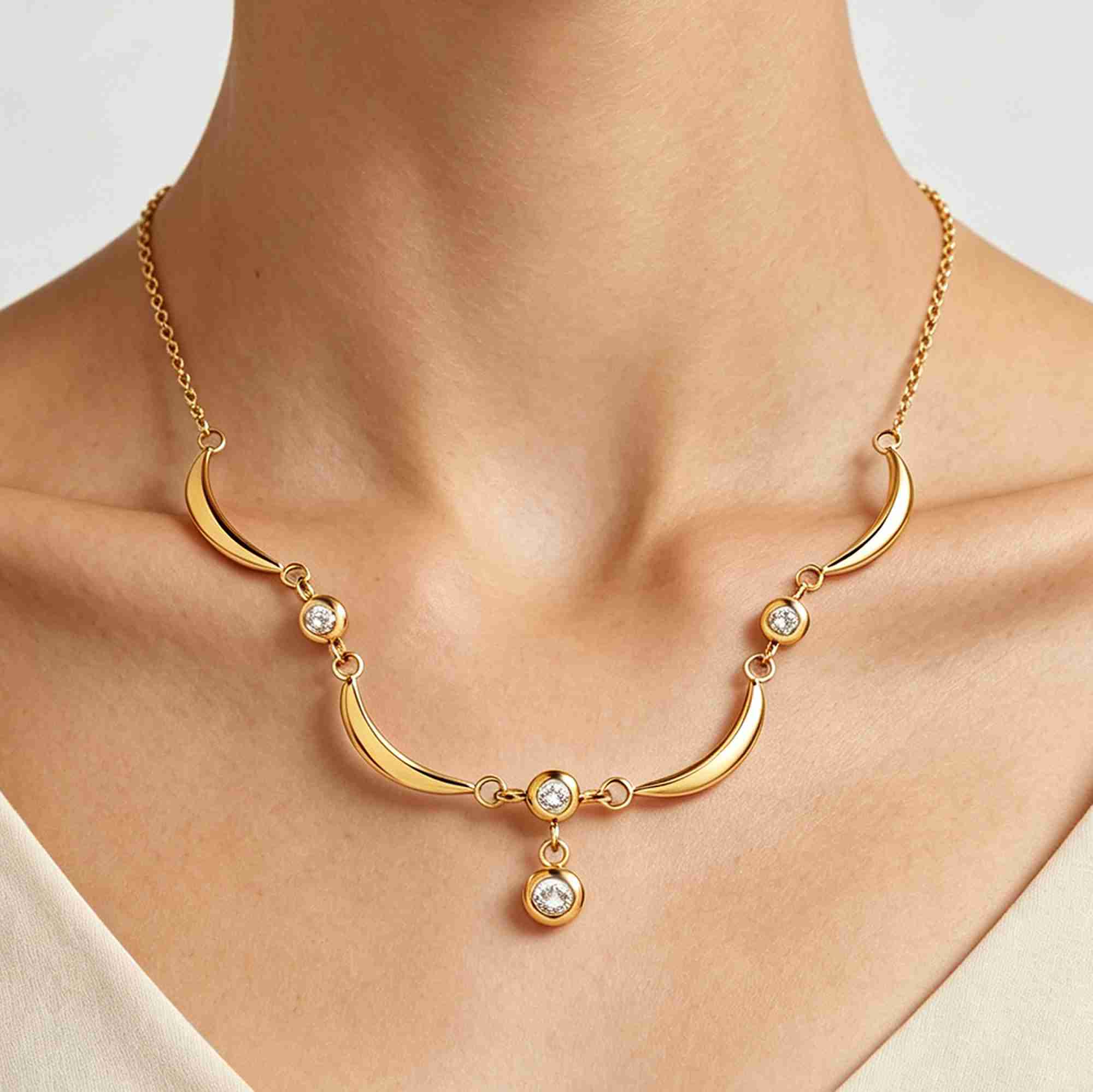Crescent Moon Shape Pendant Necklace 18K Gold Plated Stainless Steel Clear Bezel Set Stones Drop Chain Jewelry for Women - Image 4