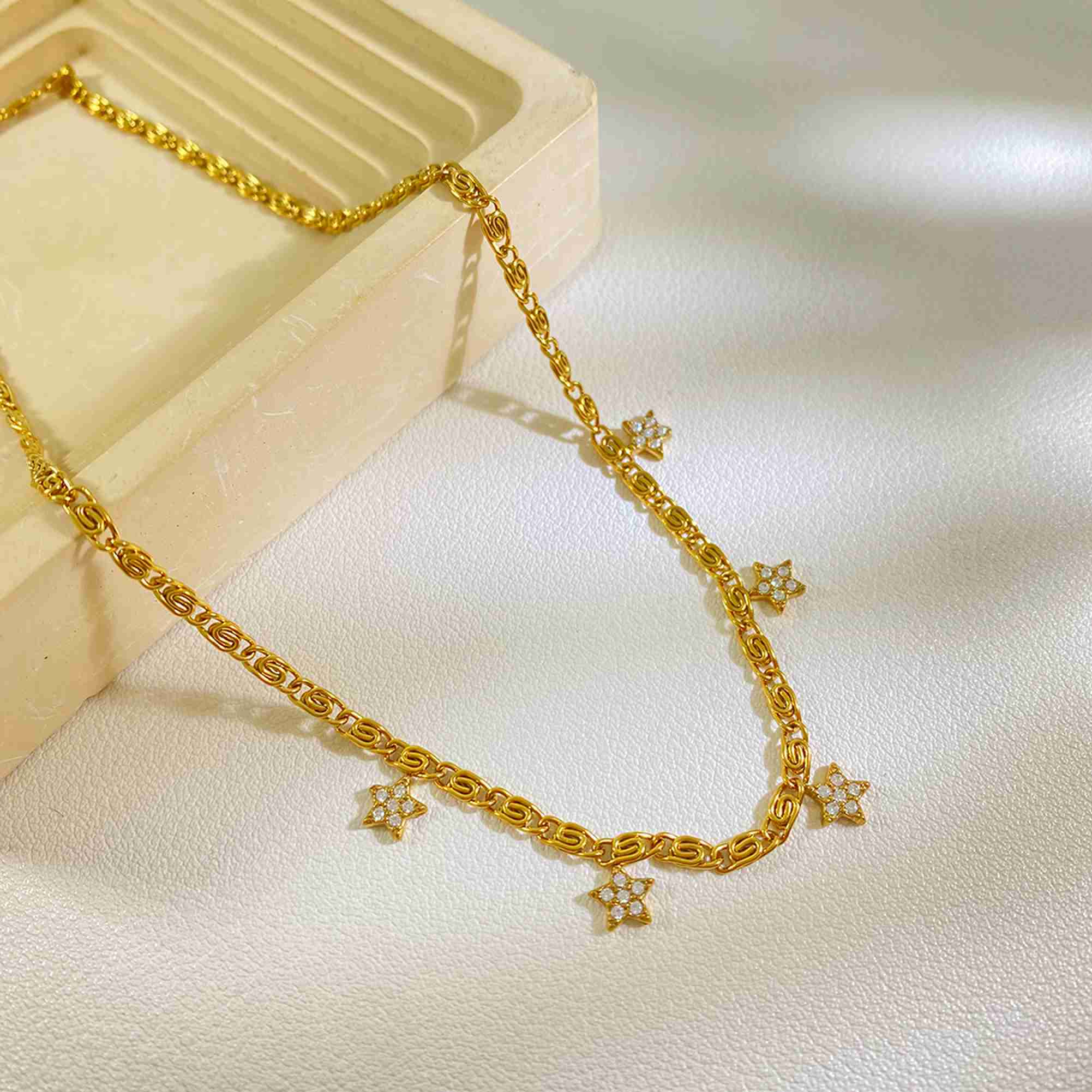 Five Point Star Charm Necklace 18K Gold Plated Stainless Steel Clear Stone Pendant Layered Swirl Link Chain Jewelry - Image 2