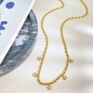 Five Point Star Charm Necklace 18K Gold Plated Stainless Steel Clear Stone Pendant Layered Swirl Link Chain Jewelry