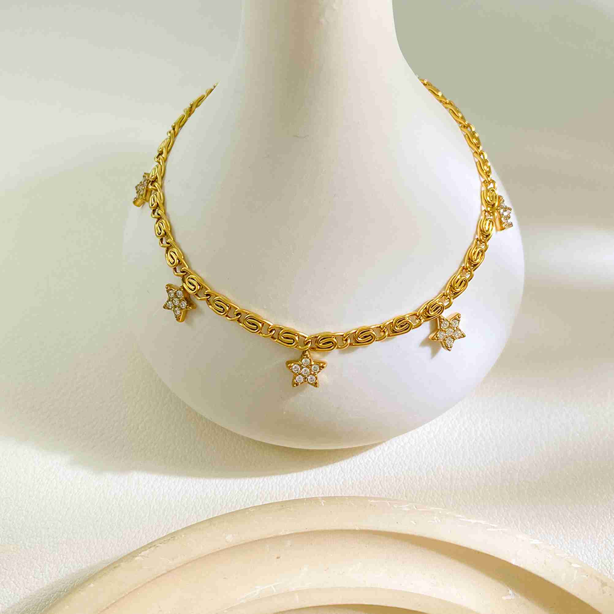 Five Point Star Charm Necklace 18K Gold Plated Stainless Steel Clear Stone Pendant Layered Swirl Link Chain Jewelry - Image 3