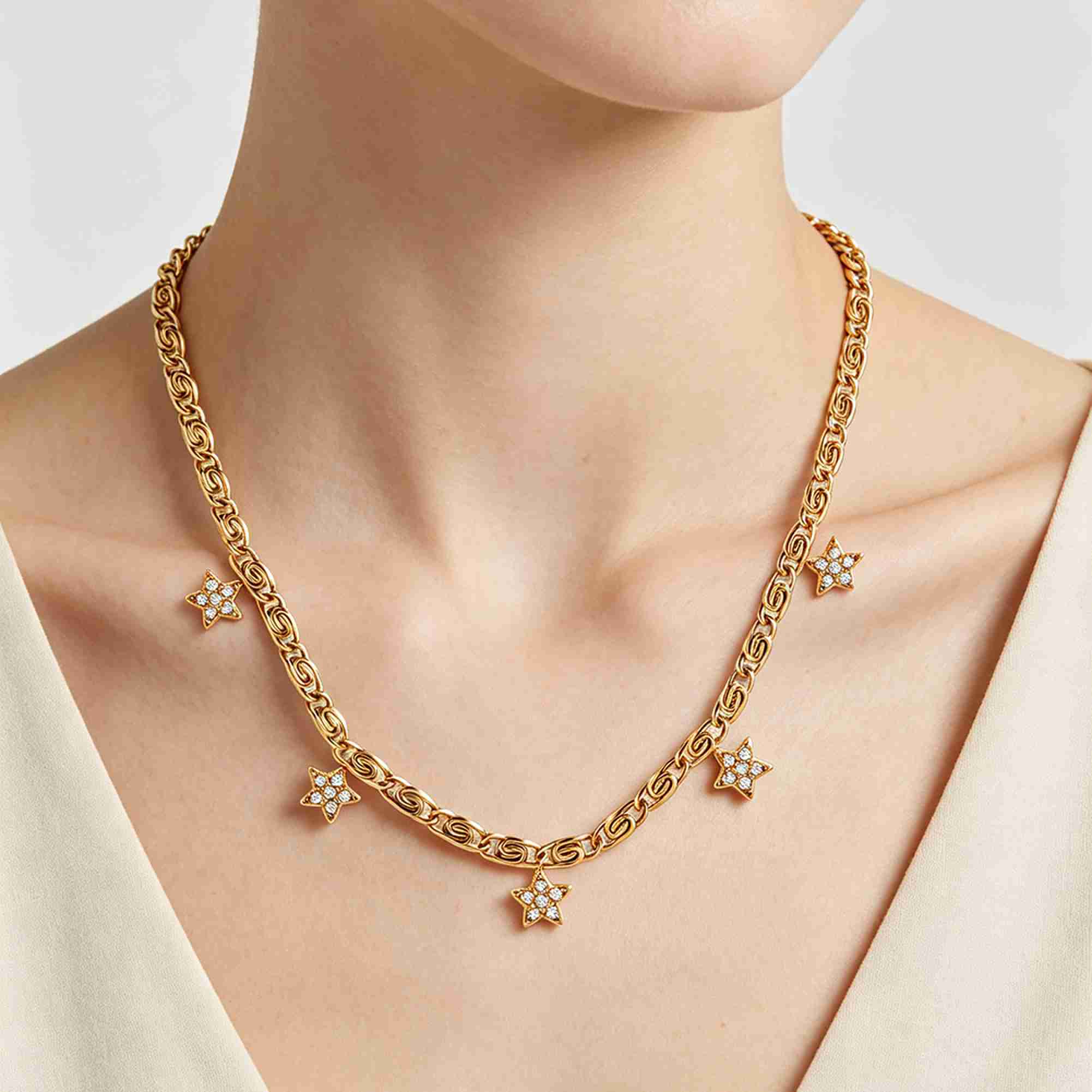 Five Point Star Charm Necklace 18K Gold Plated Stainless Steel Clear Stone Pendant Layered Swirl Link Chain Jewelry - Image 4