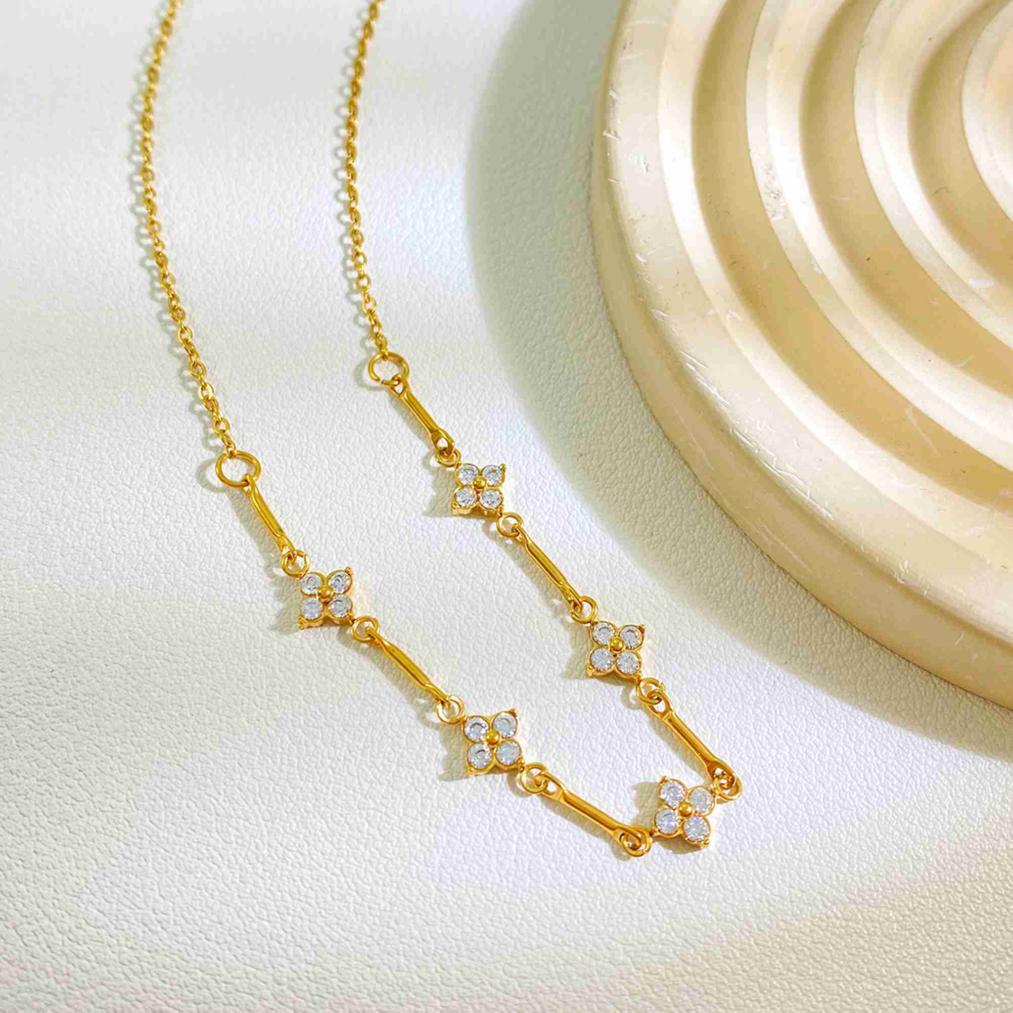 Floral Bar Station Necklace 18K Gold Plated Stainless Steel Flower Pendant Clear Bezel Set Stones Layered Chain Jewelry - Image 2