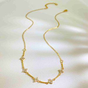 Floral Bar Station Necklace 18K Gold Plated Stainless Steel Flower Pendant Clear Bezel Set Stones Layered Chain Jewelry
