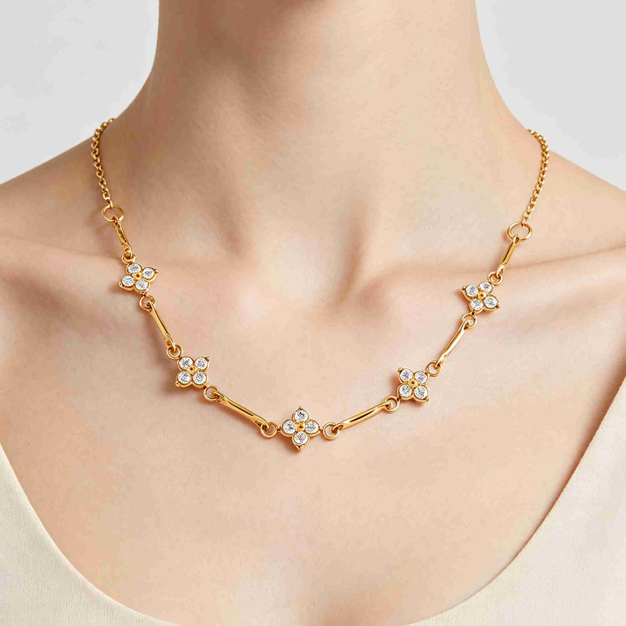 Floral Bar Station Necklace 18K Gold Plated Stainless Steel Flower Pendant Clear Bezel Set Stones Layered Chain Jewelry - Image 4