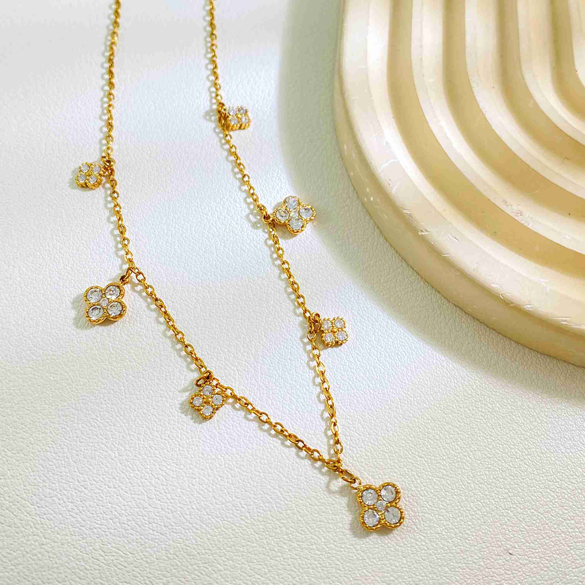 Quatrefoil Flower Pendant Necklace 18K Gold Plated Stainless Steel Four Petal Clear Stones Dangle Charm Chain Jewelry - Image 2